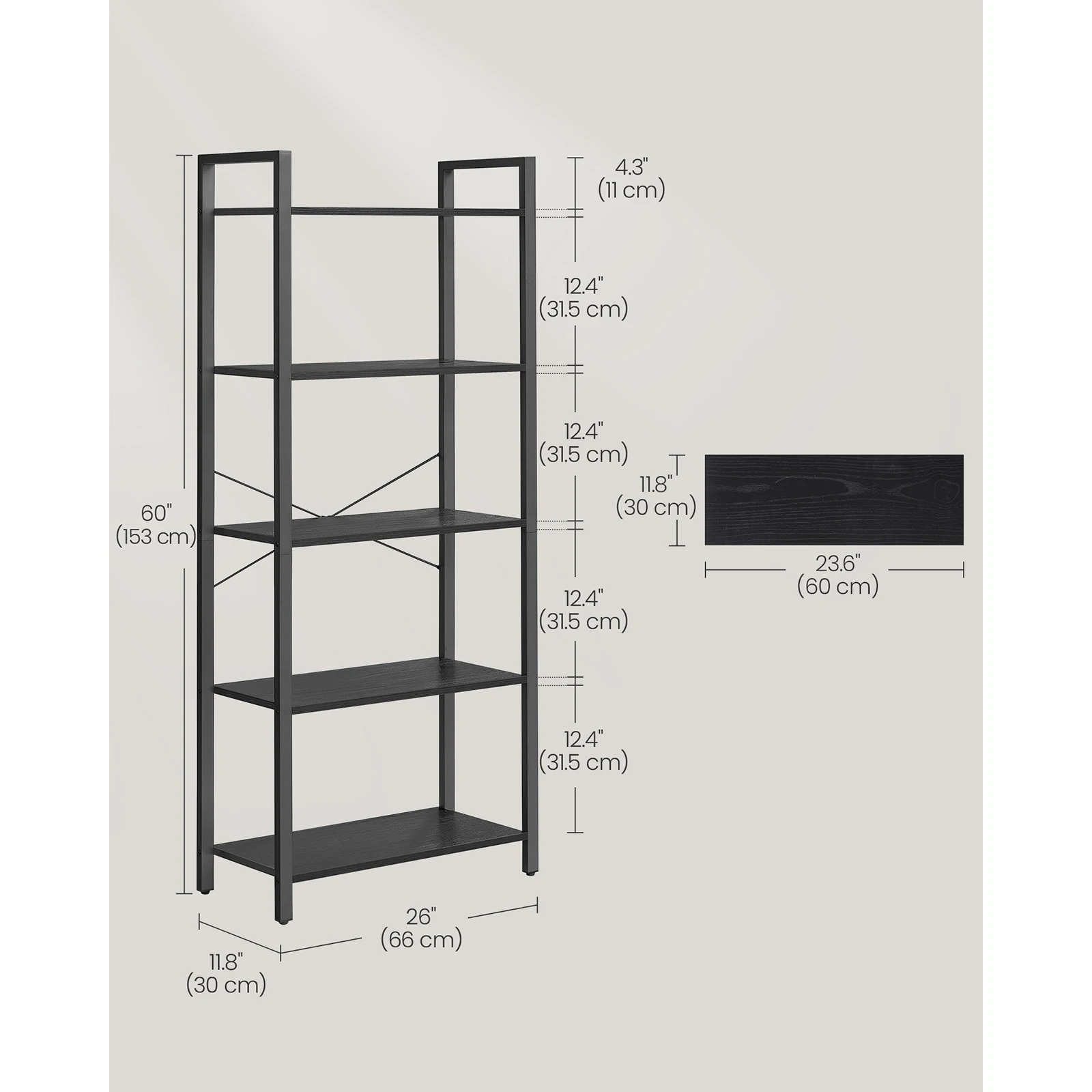 VASAGLE Bookcase, Bookshelf 5 Tier, Standing Display Storage Rack with Steel Frame, for Living Room, Office, Study