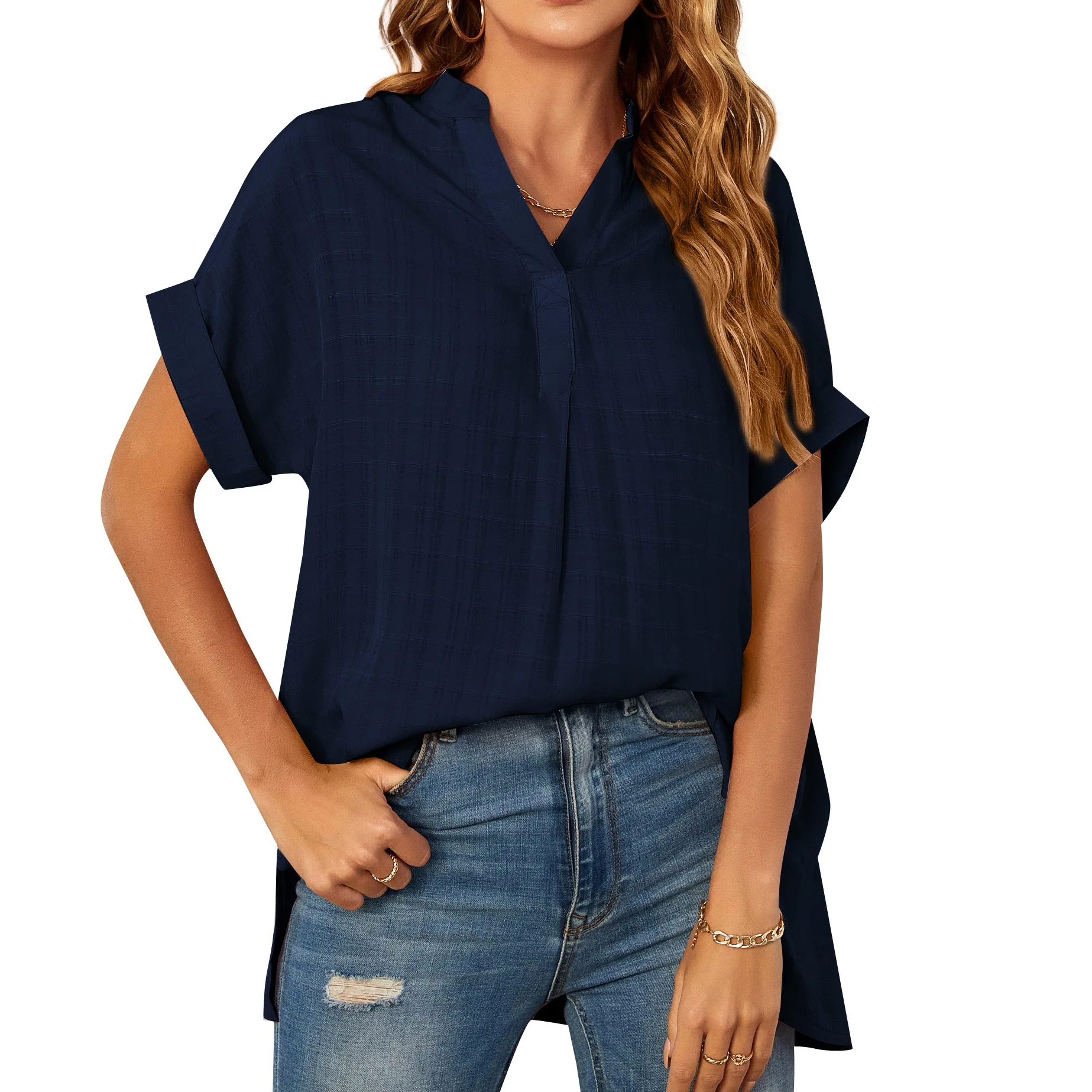 Woman's Tshirts Superior Quality spring/summer Short Sleeve V Neck Short Sleeve Loose Stripe Ladies Top Dropshipping MDF9903
