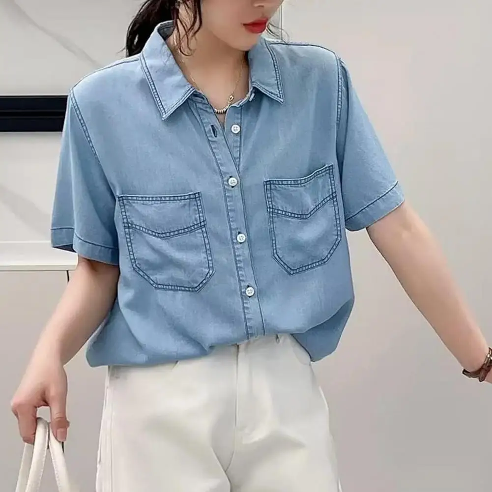 

Women Denim Top Tencel Fabric Denim Top Stylish Women's Denim Shirt Lapel Short Sleeve Multiple Pockets Retro Single Breasted