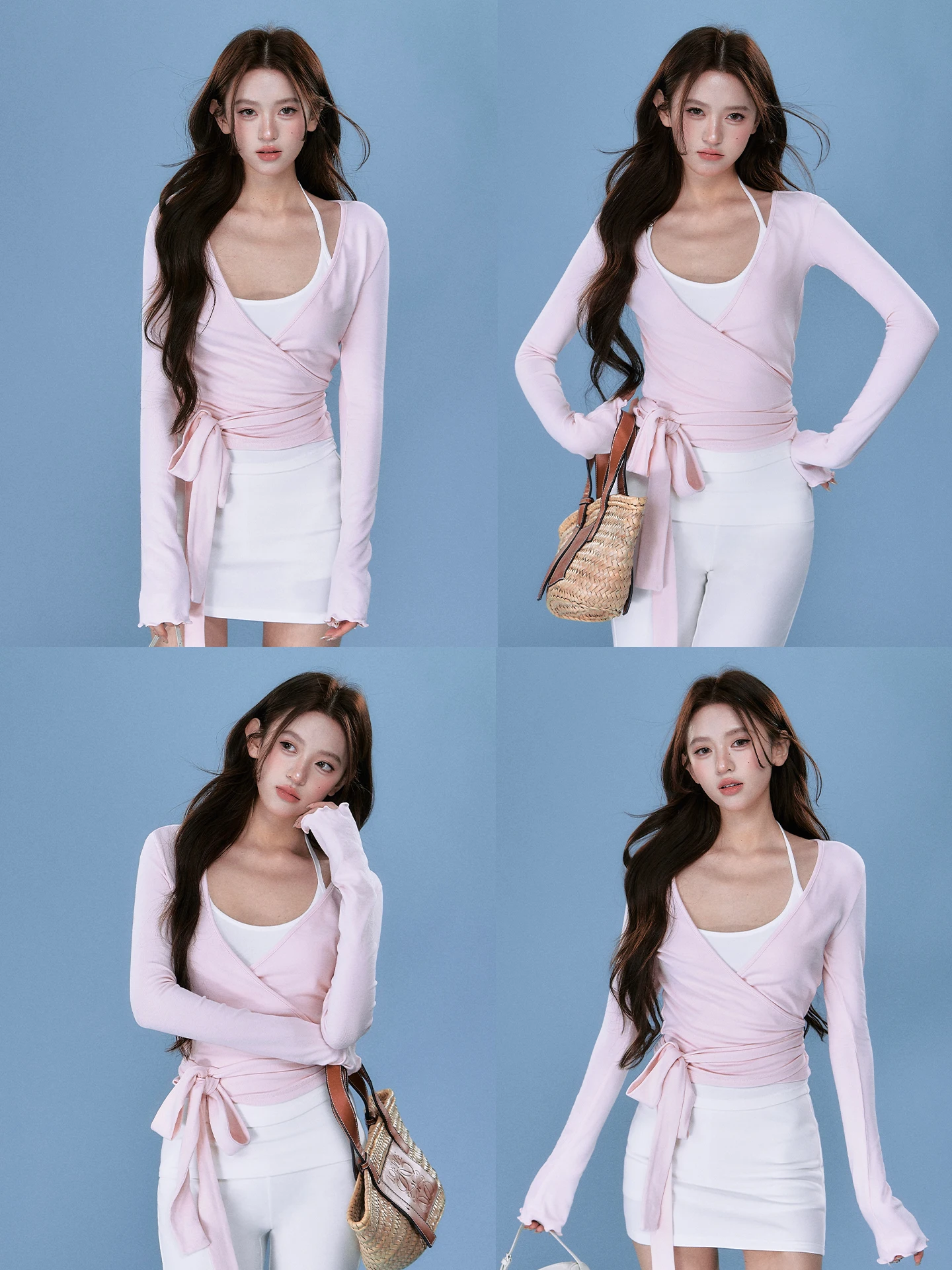 

OIOI ESSE Women's Ballet Style Slim Fit Four-Piece Set Long Sleeve Pink Spring Summer Fashion Ensemble Short Length Pants