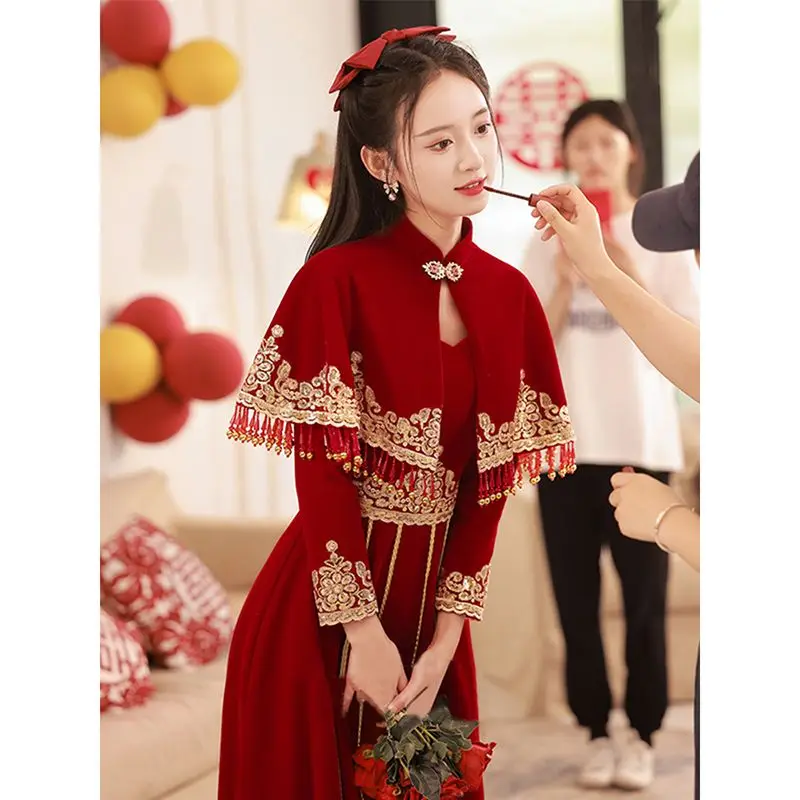

Yourqipao Burgundy Chinese Cheongsam Wedding Toasting Dress Women Engagement Long-sleeved Shawl Spring Dress Skirt for Women