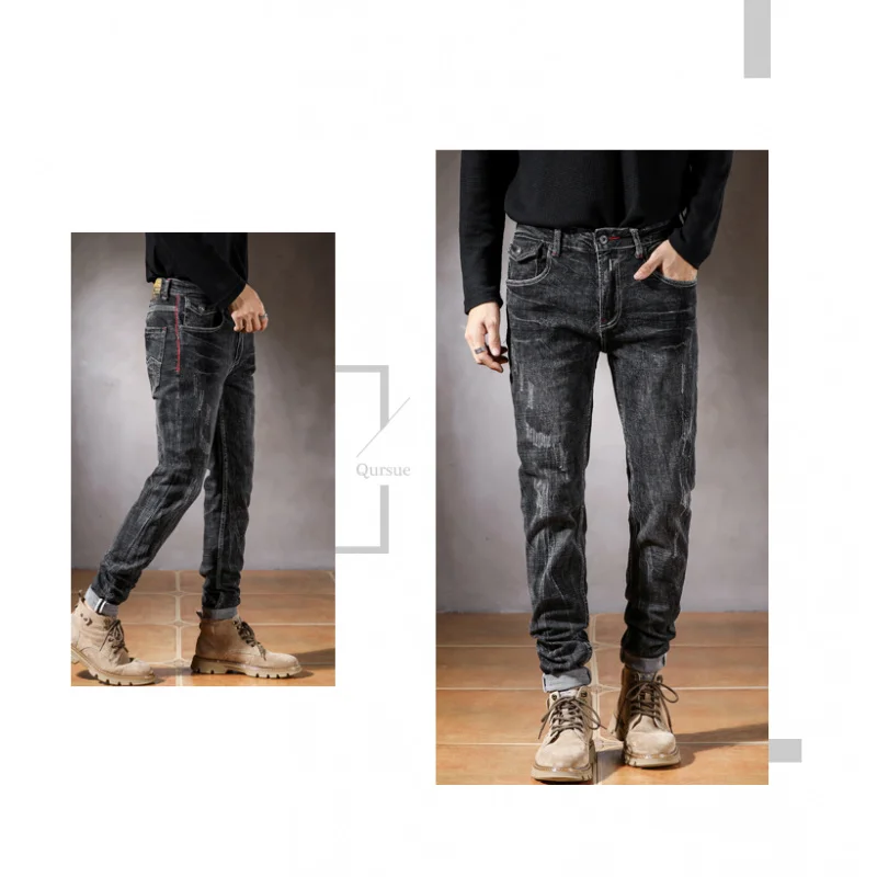 High fashion designer vintage men's jeans black Gray elastic slim ripped jeans men's pants casual stretch jeans Hombre