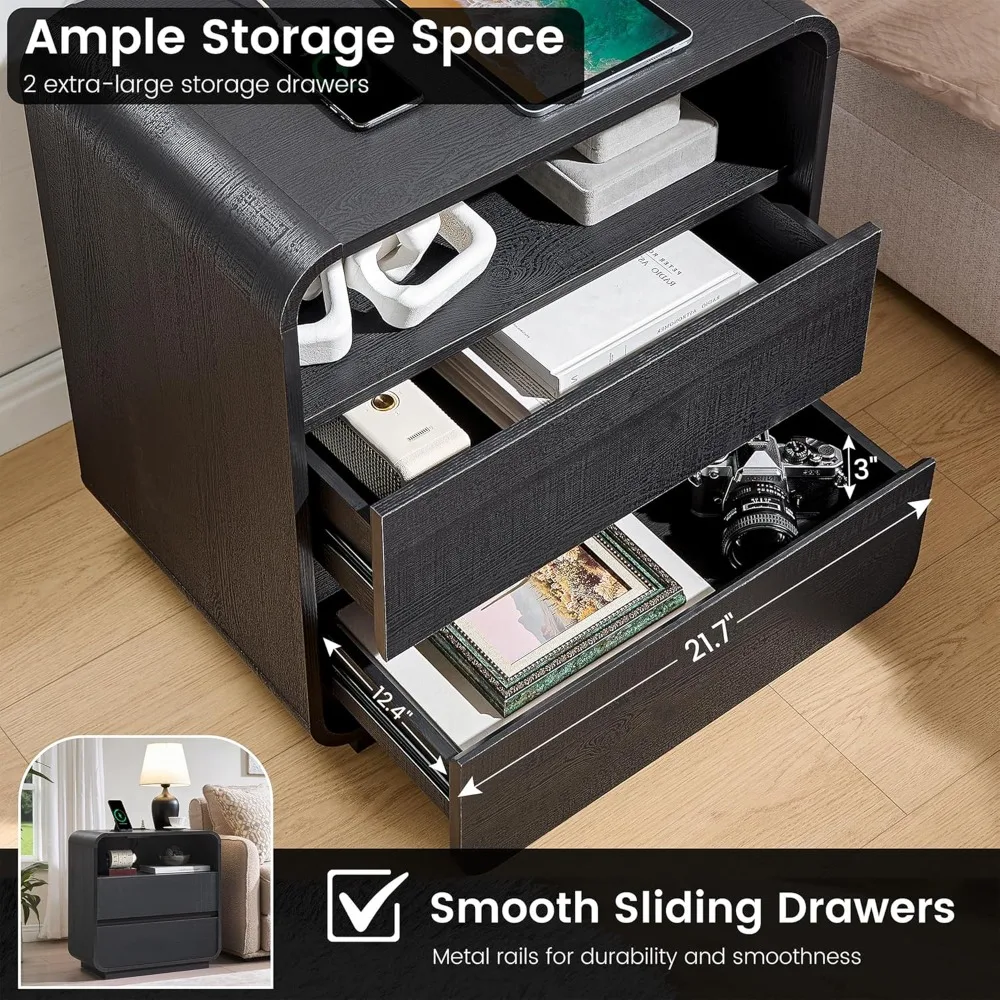 مجموعة منضدة سوداء مكونة من قطعتين مع قاعدة شحن، وطاولة بجانب السرير خشبية طويلة، ومنضدة ليلية حديثة مع درجين للتخزين، وP منحني