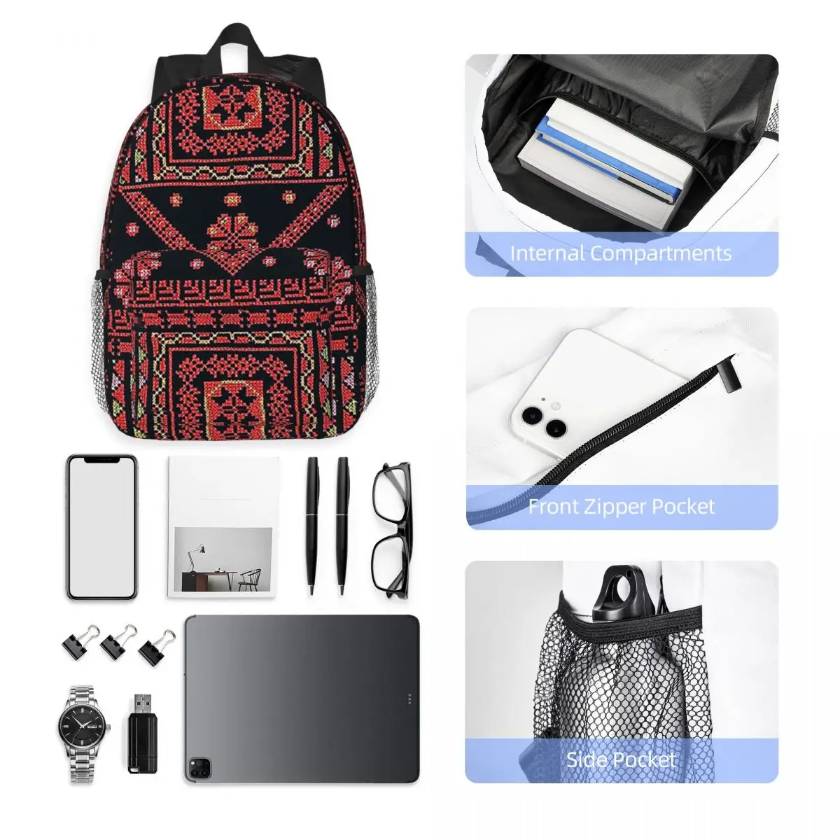 Three Flowers Palästinensischer Stickerei-Rucksack, heißer Verkauf, Tagesrucksack, große Kapazität, Büchertasche, Umhängetaschen für Männer und Frauen, Schultasche