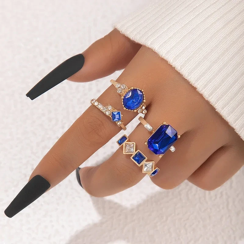 Tocona Simple Irregular Geometric Crystal Stone Joint Ring Set for Women Vintage Alloy Brink Ring Four Pieces Set кольцо 23643