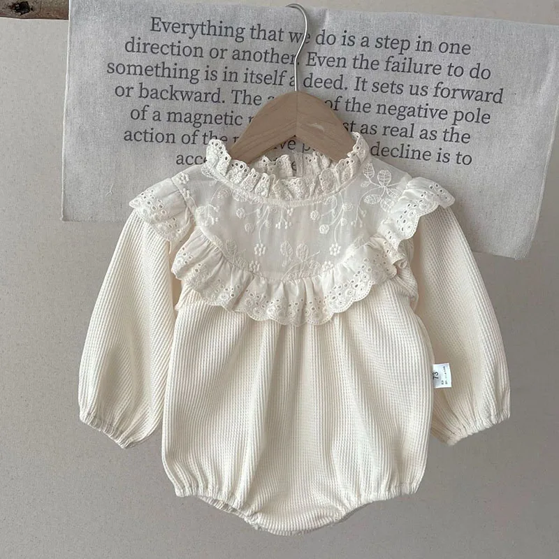 2024 Nieuwe Lente Koreaanse Stijl Kleding Baby Baby Meisje Bodysuits Lange Mouwen Wafel Kant Splitsen Pasgeboren Baby Meisje Jumpsuit