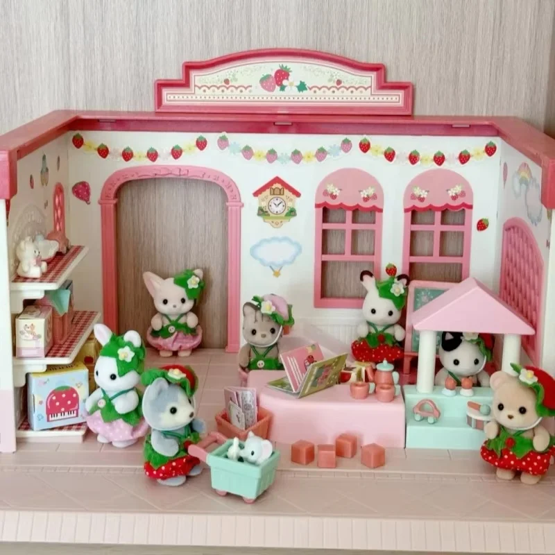 New Sylvanian Families Cute Strawberry Cross Dressing Baby Doll Limited Edition Strawberry Restaurant Girl Decorative Toys Gifts