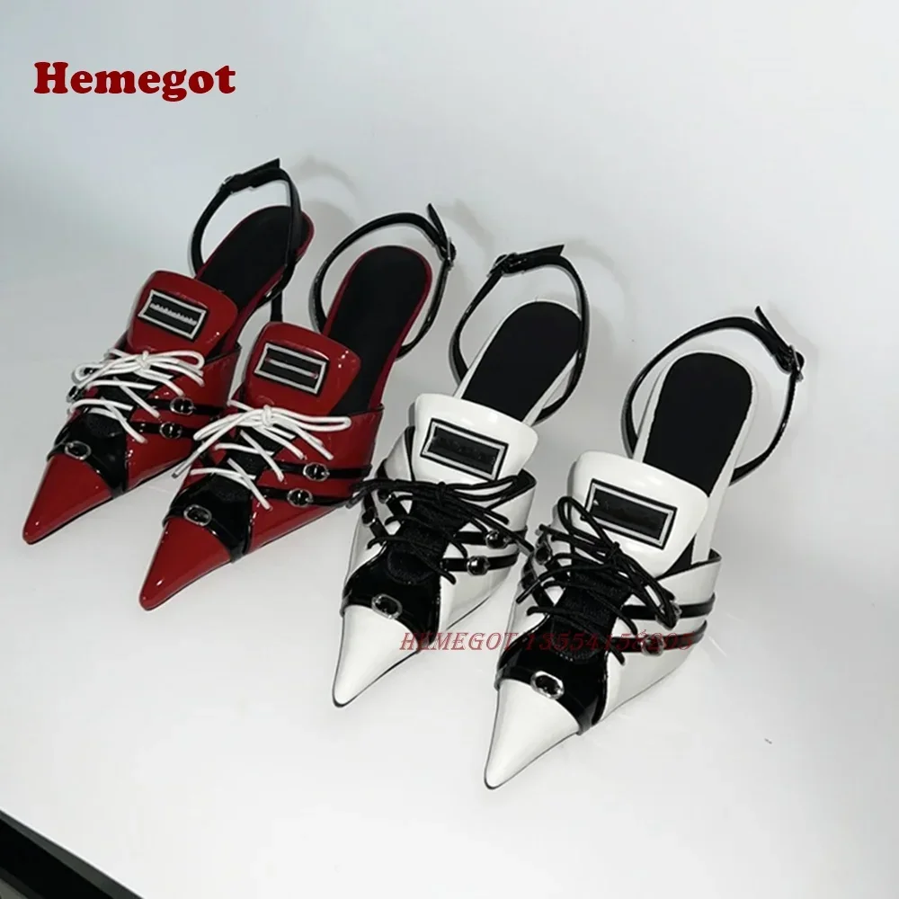 Red White Lace-Up Slingback Pumps Pointed Toe Thin Heel Buckle Women\'s Sandals 2024 Patchwork Mixed Color Party Shoes Luxury