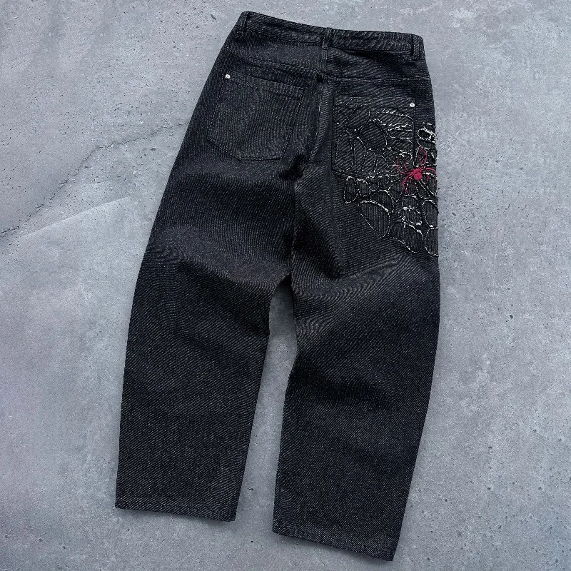 Y2k Spiderweb Black Raw Denim Baggy Jeans Wide Leg Pants Gothic Streetwear Vintage Distressed Men Women Casual Trousers