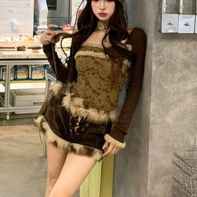 

New Autumn Y2k Aesthetic Sexy Girl 2 Piece Set Women Design Long Sleeve Chic Tops + Mini Pants Fashion Fur Korean Retro Outfits