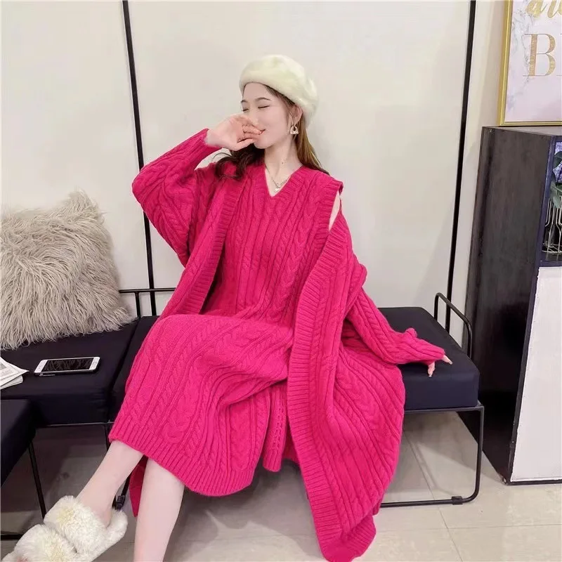 Autumn and Winter Gentle and Comfortable Knitted Vest Dress Cardigan Two-Piece Set Women 2023 New Loose Padded Coat