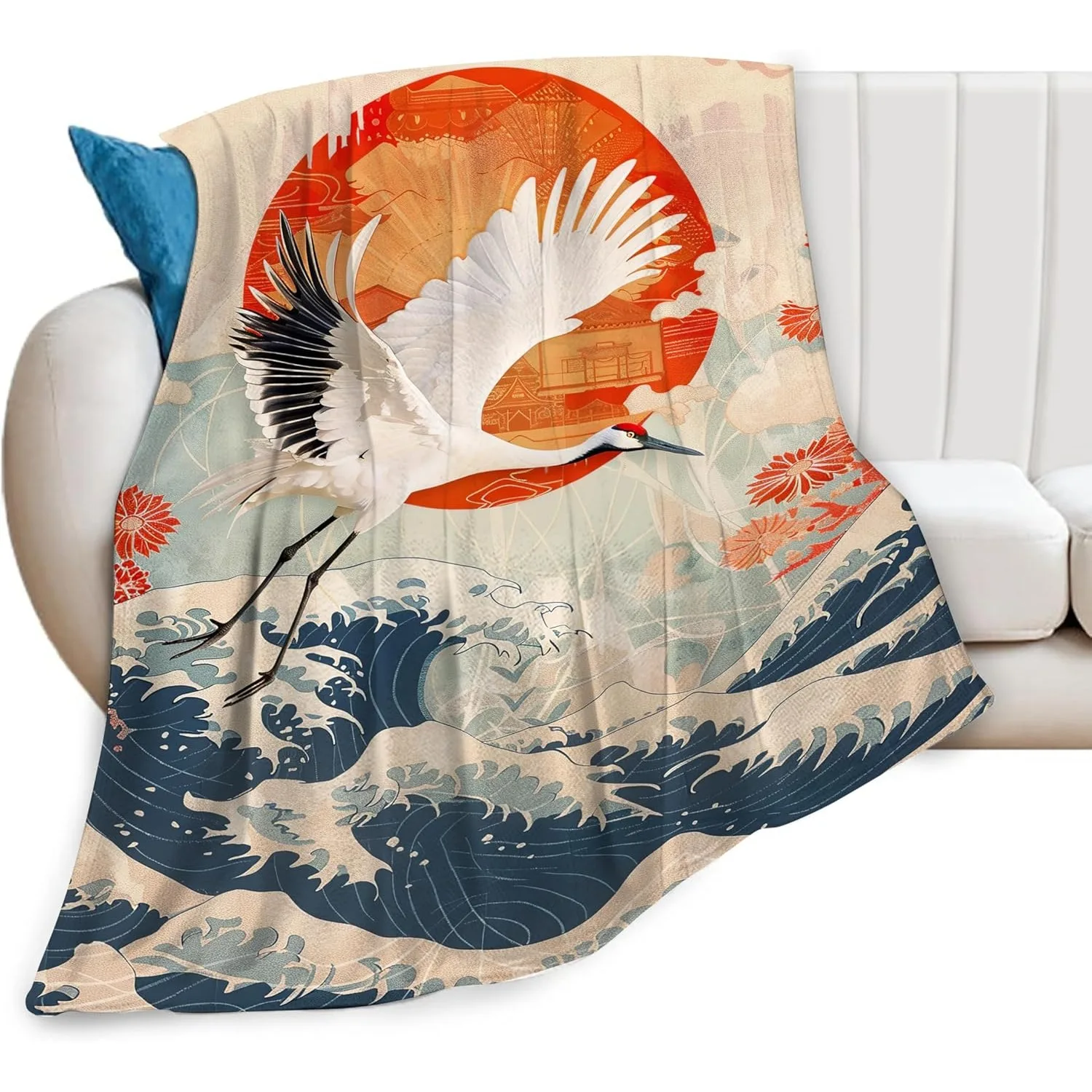 Japanese Crane Blanket Japanese Waves Throw Blanket Stuff Decor Merch Cozy Flannel Soft Warm Plush Lightweight Bedding Gifts