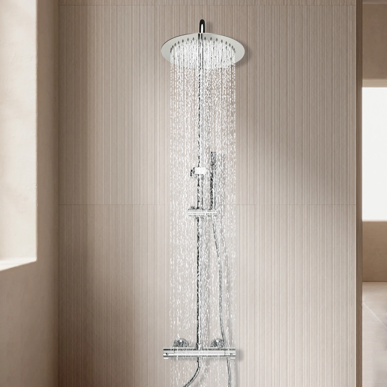 

Душевая система, набор для тропического душа с термостатом и фитингом, 20 см, держатель шланга для насадки для душа, хромированный, круглый, серебристый цвет для домашнего отеля