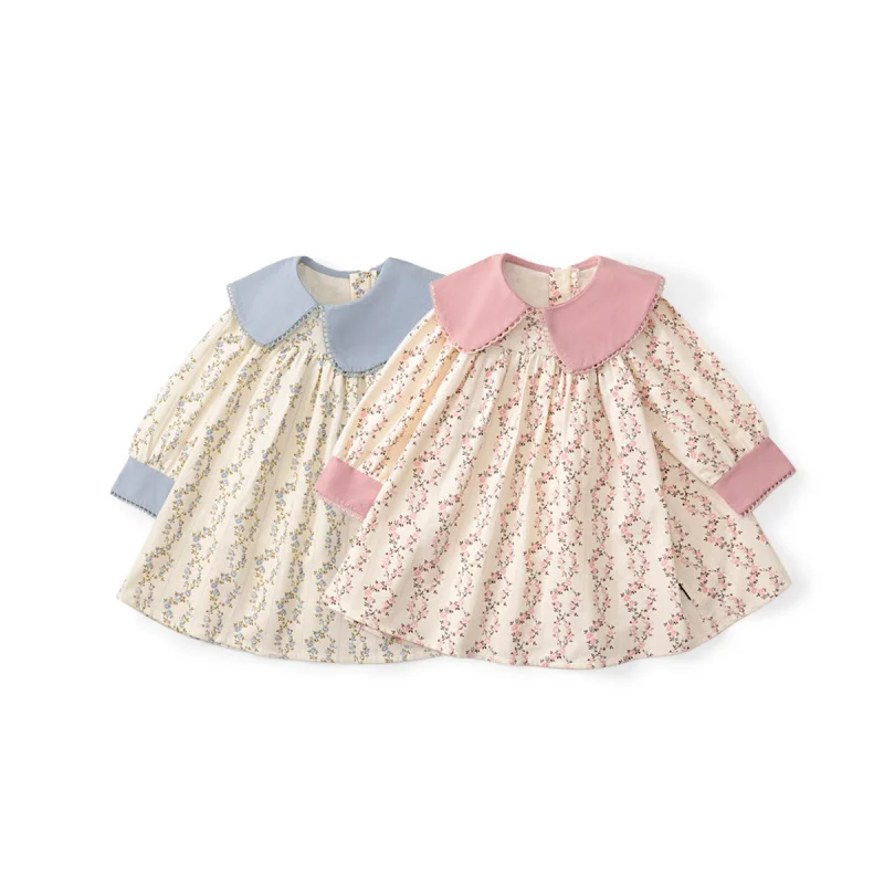 

Girls' Dress Autumn Fashionable New Style Fresh Floral Dress Children's Turn-Down Collar Princess Dress