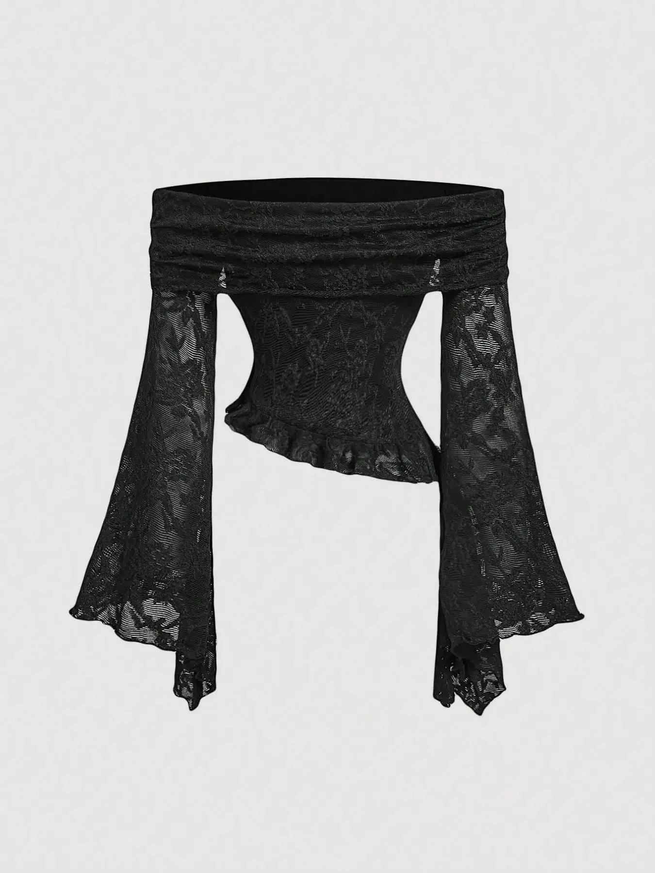 Women Off Shoulder Lace Top Flare Long Sleeve Slim Fit Cropped Shirt Y2K Elegant Party Clubwear Blouse