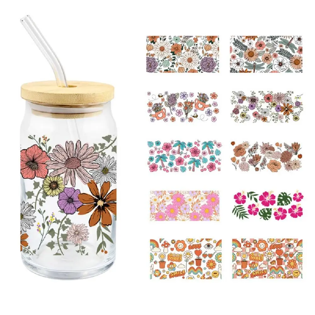 

10 Sheets UV DTF Transfer Sticker, Mixed Floral Pattern UV DTF Cup Wrap Transfer Sticker for Glass Coffee Cups