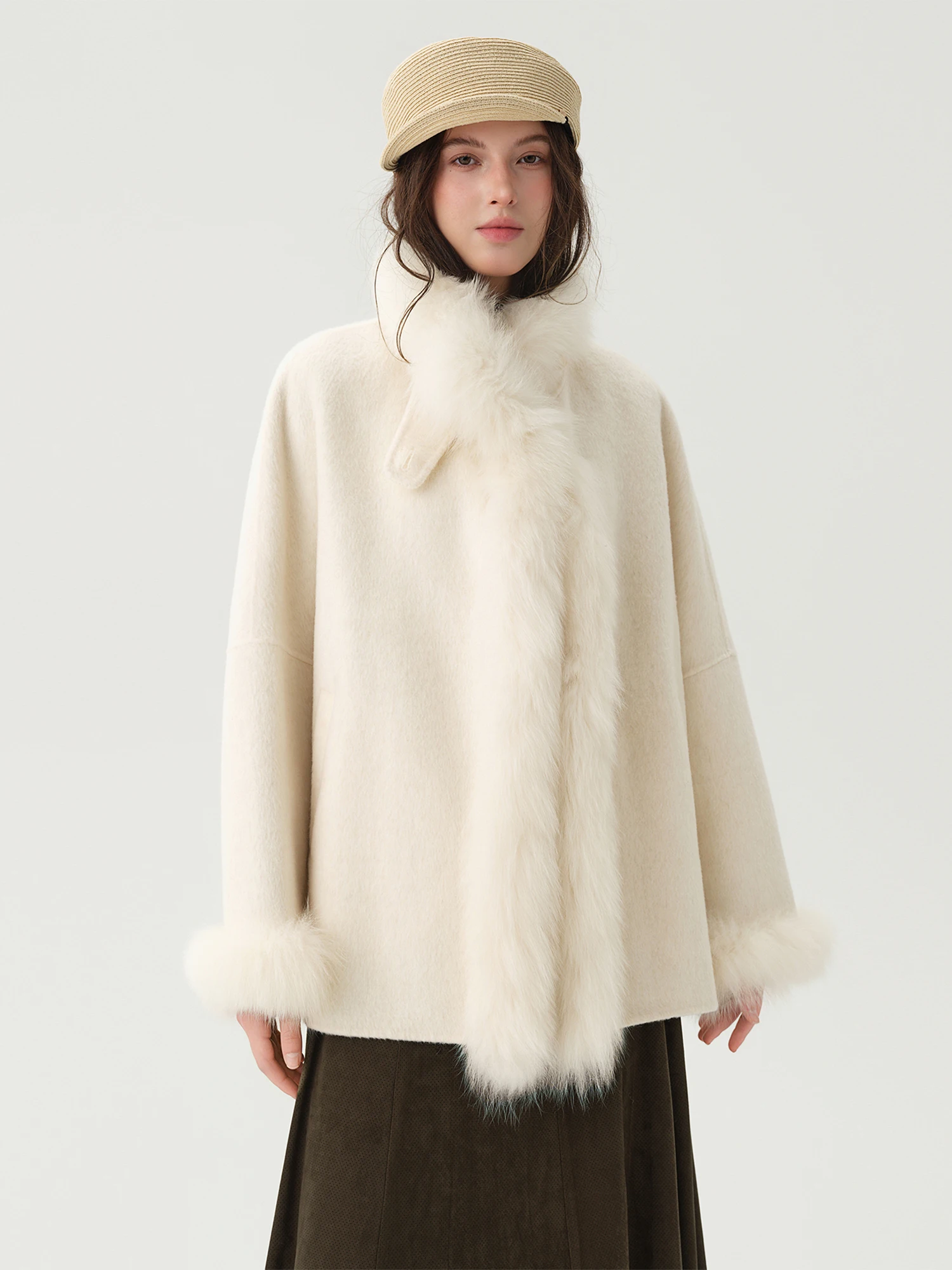DUSHU Fox Fur Double-faced 100% Wool Coat Simple White New Winter Arrival Stylish Elegant Women's Wool Coat Elegant