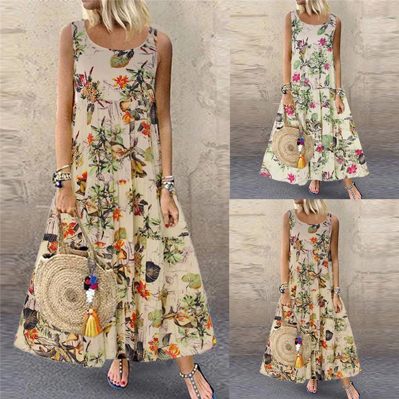 Vestido largo con estampado Floral para verano, traje holgado de manga corta con cuello redondo, estilo Retro bohemio, para fiesta y playa