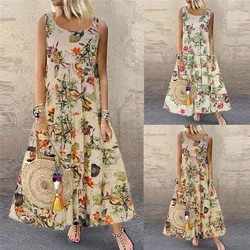 Summer Printed Maxi Dress Retro Boho Floral Short Sleeve O Neck Loose Maxi Dress Party Tank Top Robe Beach Dress  Slip Dress