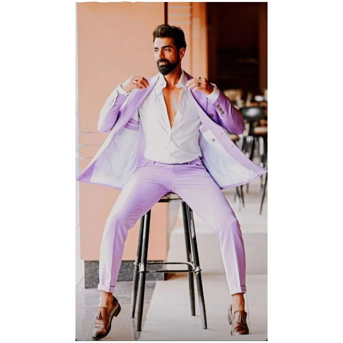 Casual Lilac Men Suits 2 Piece Peaked Lapel Double Breasted Blazer Sets traje de hombre elegante Travel Suit Tailor Jacket+Pants