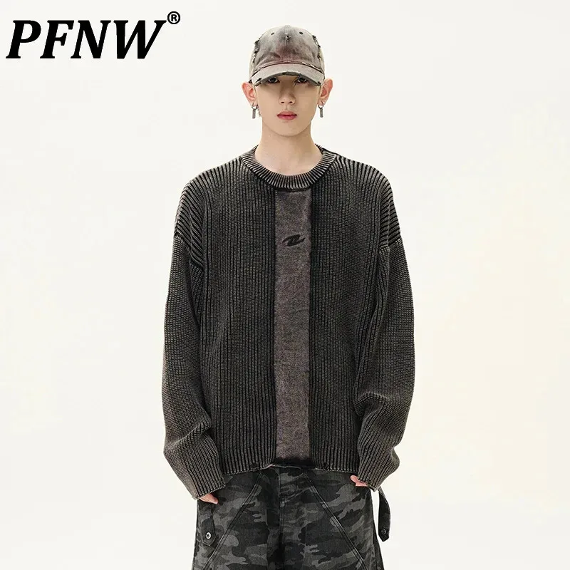 PFNW American Vintage Washed Textured Round Neck Sweater Men's Autumn Streetwear Loose Fitting New Fashion Male Knitwear 28W4856