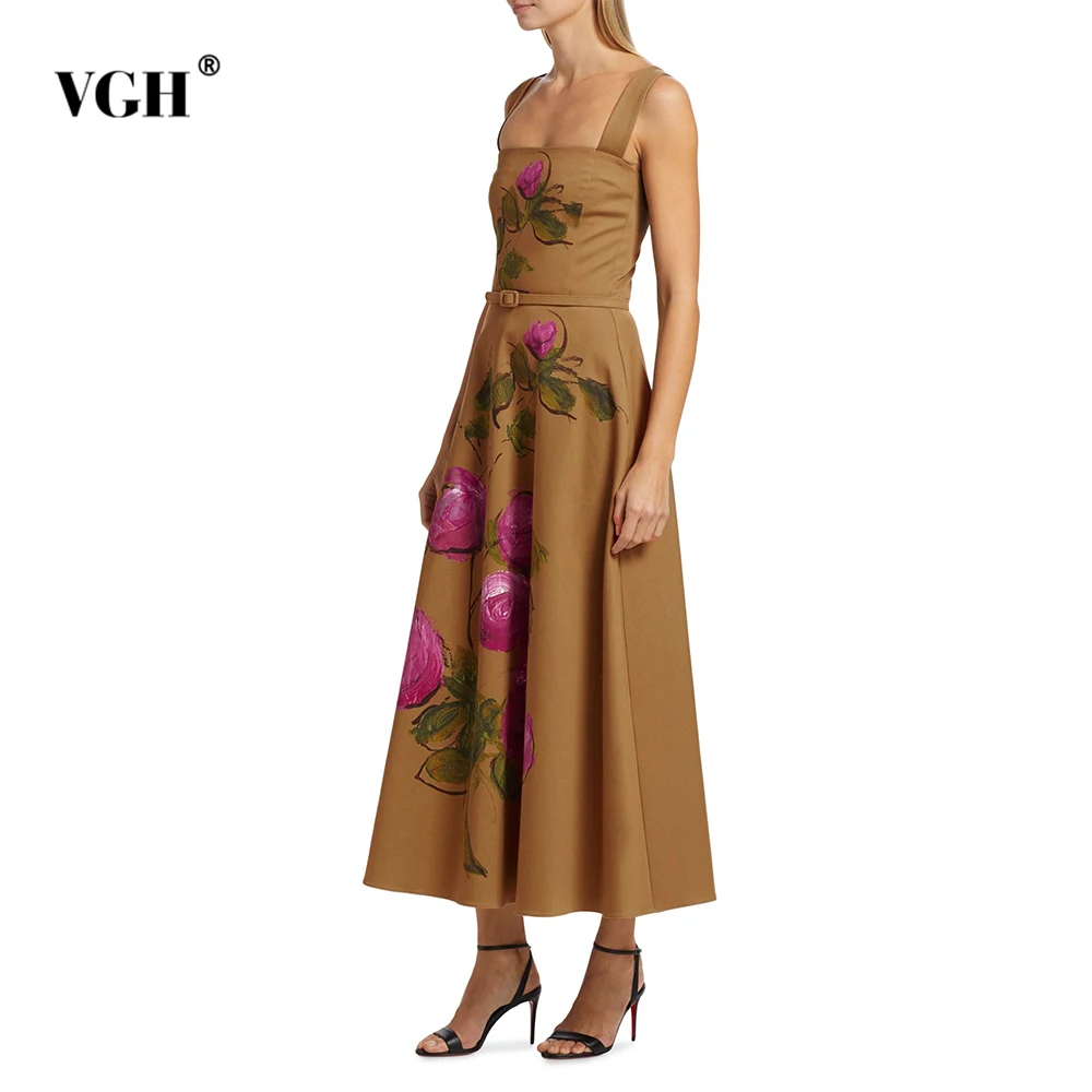 

VGH Solid Vintage Printing Slimming Long Dresses For Women Square Collar Sleeveless Backless High Waist Chic Dress Female New