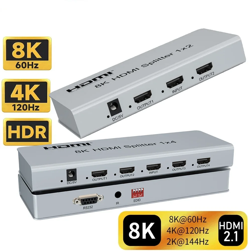 8K HDMI 2.1 Splitter 1x2 1x4 8K@60Hz 4K@120Hz HDMI Video Splitter Duplicator 1 in 2 out HDR 48Gbps for Xbox PS4 PS5 TV PC Laptop