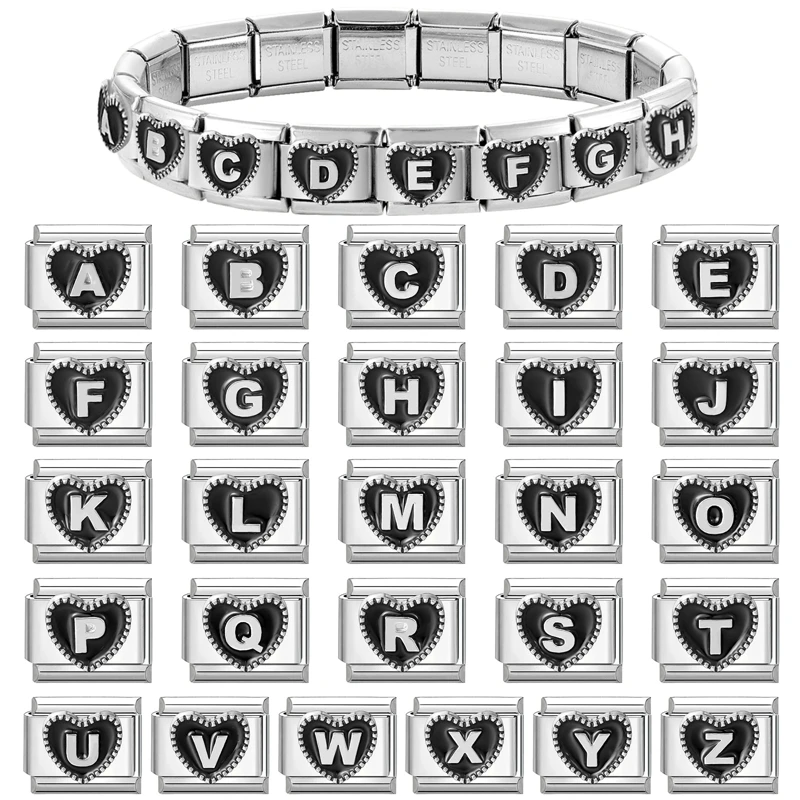 New 4 Colors Heart 26 English Letters Charm Links Fit 9mm Bracelet Stainless Steel Women Men Making DIY Jewelry Gifts Wholesale