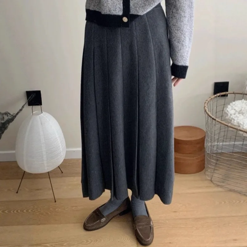 

Grey Woolen Skirt Female Vintage Pleated A-Line Autumn Winter Sweater Umbrella Skirt Long High Waist Preppy Medi Women Harajuku