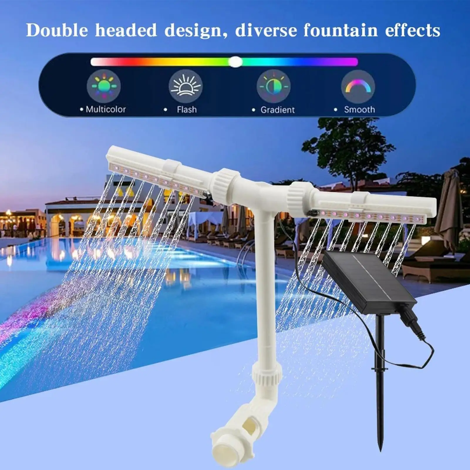 

Solar Pool Fountain Double Spray Waterfall Device with Remote and Adjustable 7-color LED Light Floating Solar Fountain for Pool