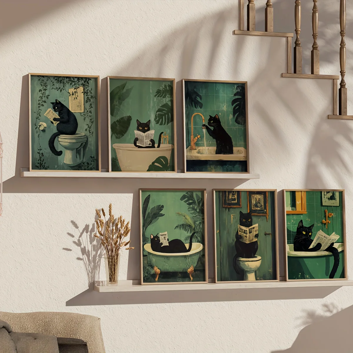 Fun bathroom poster with black cat reading newspaper, retro green toilet tropical plants, distressed texture