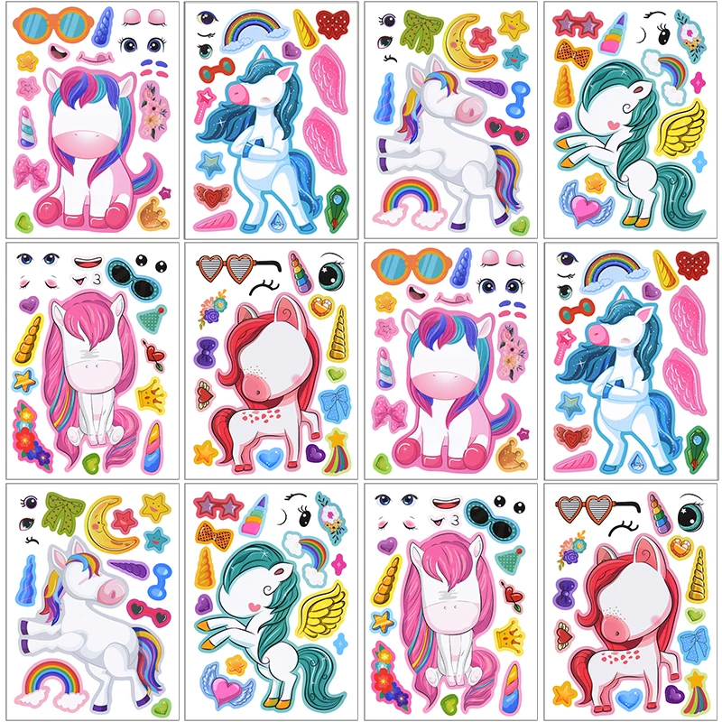 6Sheets Cartoon Unicorn Puzzle Stickers Funny DIY Assemble Pony Face Stickers Kids Girls Favors Jigsaw Toys Game Birthday Gifts