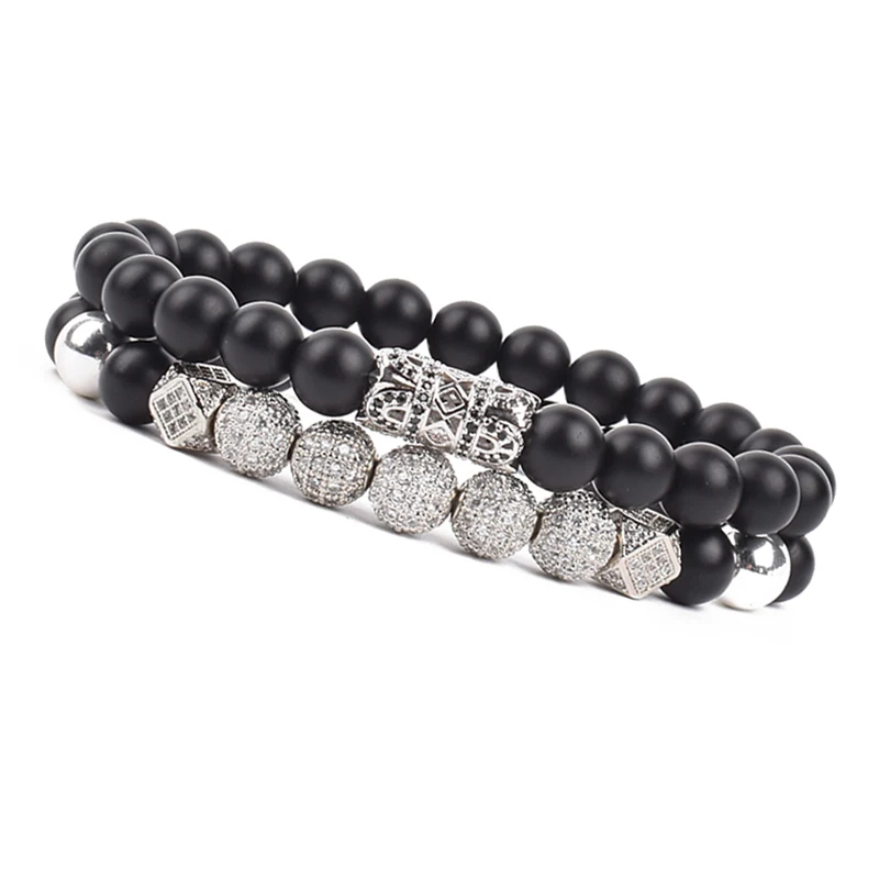 Charm Beads Bracelet Set Luxury Men Women Black Matte Onyx Natural Stone Alloy Micro Zircon Personality Bangle Elegant Jewelry