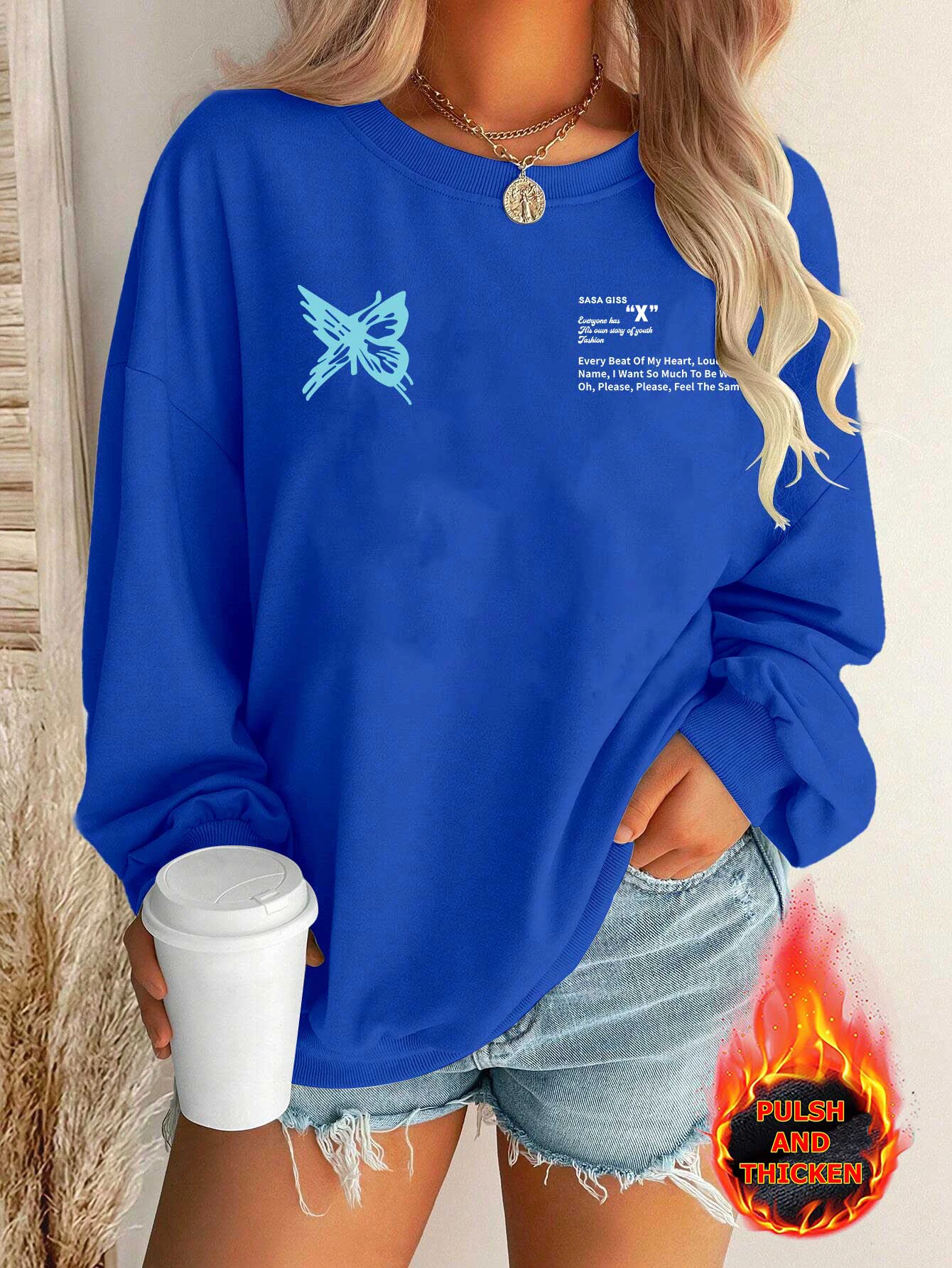 Elegant Women Cotton Hooded Crew Neck Essentials Sweatshirts Blue Butterfly Printed Casual Pullover Winter Clothes Women