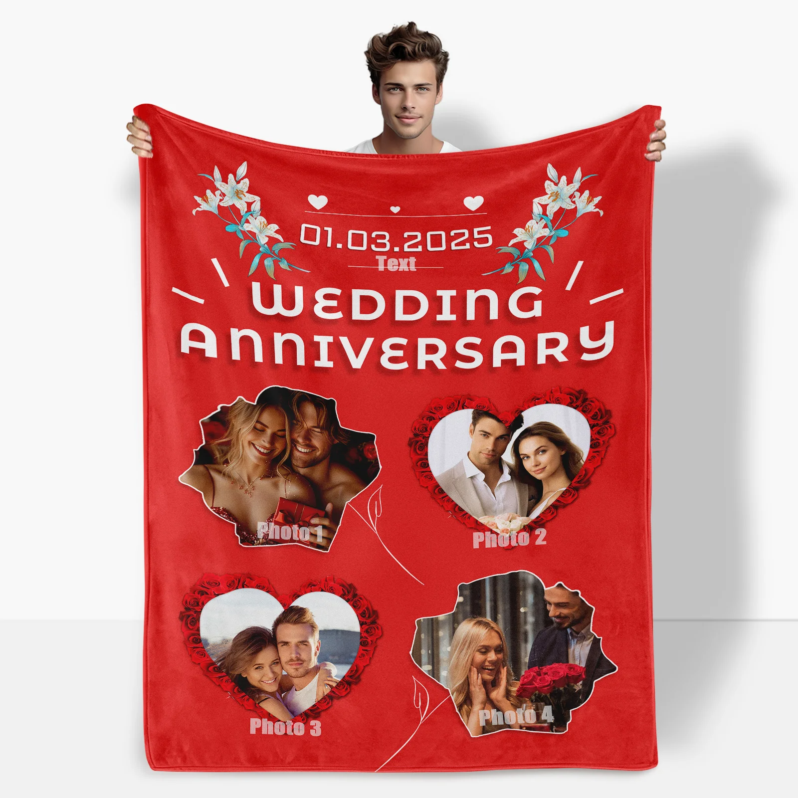 Custom Wedding Anniversary Flower Heart And Red Design Cozy Blanket For Romantic Warmth And Decor