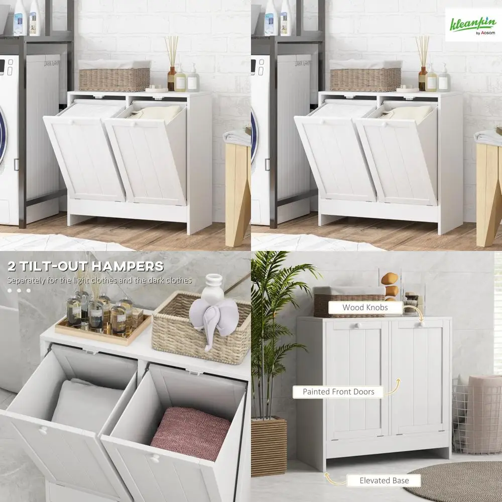 

Modern White Laundry Hamper Cabinet with 2 Compartments for Bathroom and Laundry Room Storage Solutions