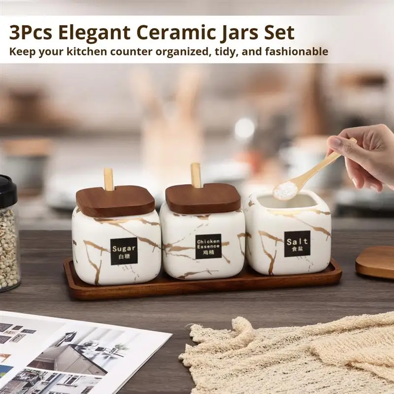 3Pcs Ceramic Sugar Containers Set Sugar Bowls With Lids And Spoons Condiment Jars Set Wooden Tray Marble Seasoning Spice Pots