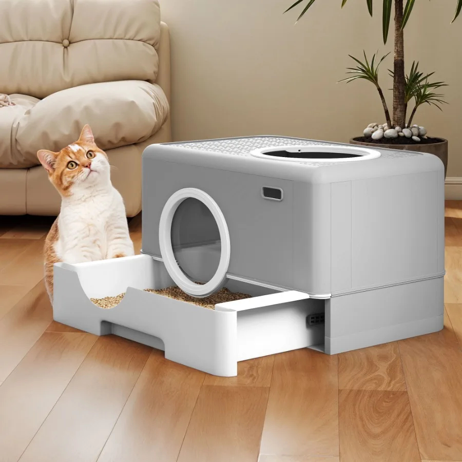 

Большой закрытый лоток для кошек с крышкой и выдвижным ящиком для удобства уборки, идеально подходит для использования в помещении, обеспечивает приватность и контроль запахов.