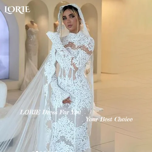 Imagen 2 del producto LORIE vestido de novia de encaje cuello alto manga larga A-line apliques sirena vestido de novia elegante vestido de novia bohemio vestidos de novia