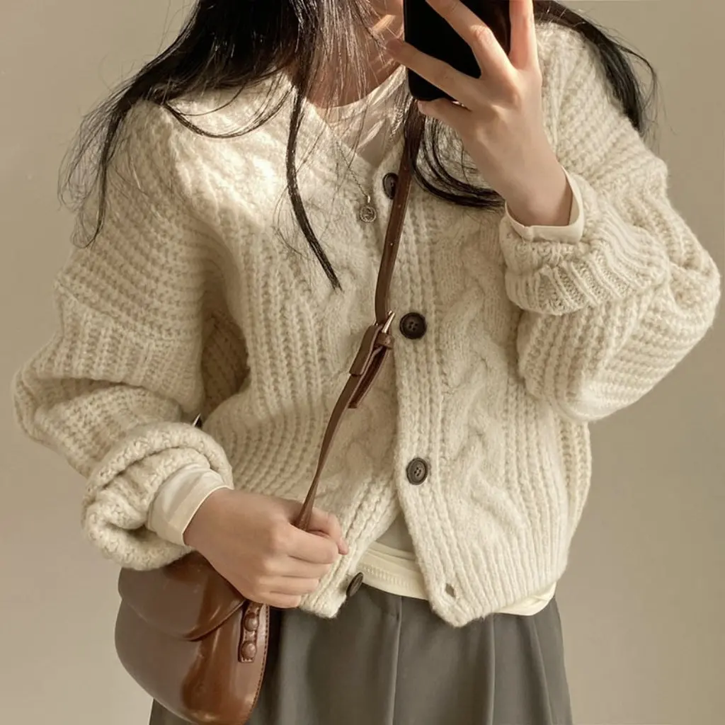 

Women's Loose Knitted Cardigan Sweater V-neck Puff Sleeve Hemp Pattern Chic Autumn Lazy Style South Korea Fashion