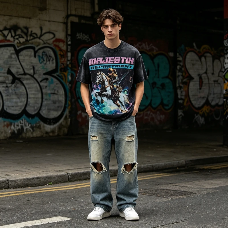 Herren Grafik-T-Shirts mit Weltraum-Astronauten-Motiv, Streetwear im Vintage-Look, Oversize-Baumwollkleidung, Sommer-Kurzarm-Oberteil – Detail 2