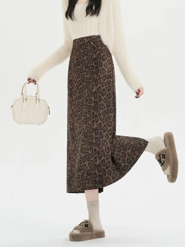 Retro Spicy Girl Leopard Print Woolen Midi Skirt High Waist A-Line f Body Skirts for Women Autumn Winter Loose Elastic Skirts