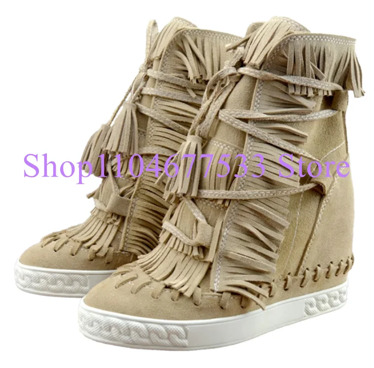 

New 8cm Increasing Heel Fringe Woman Ankle Boots Fashion Leather Suede Tassel Lady Platform Shoes Female Casual Shoes