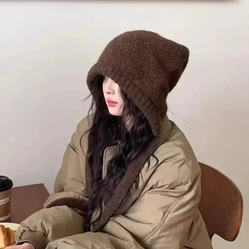

Korean Style Knitted Beanie Hat Women Warm Woolen Knit Hats Pile Caps Ear Protection Tie Pullover Hat Balaclava Caps
