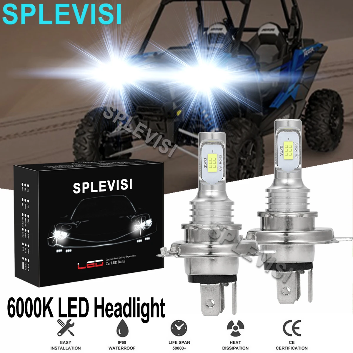 2x70W 6000K White LED Headlights For Polaris Classic 1988-2000 Classic 340 2004-2006 Classic 500 1999-2006 Classic 550 2003-2006