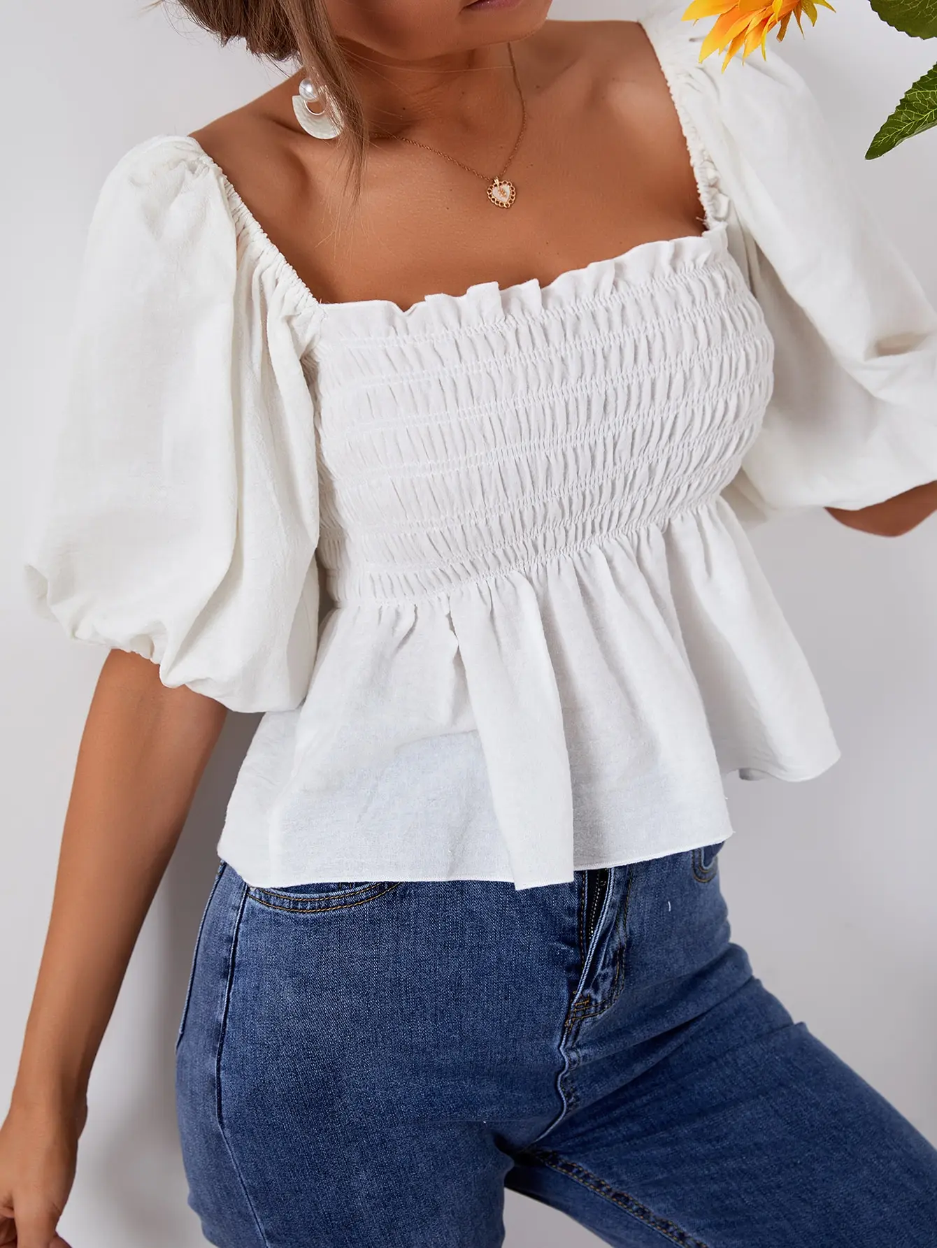 Women T-shirt Solid puff sleeve slash neck Tee High Quality Puff Sleeve Blouses Tops Ladies Square Neck Short Sleeve Crop Tops