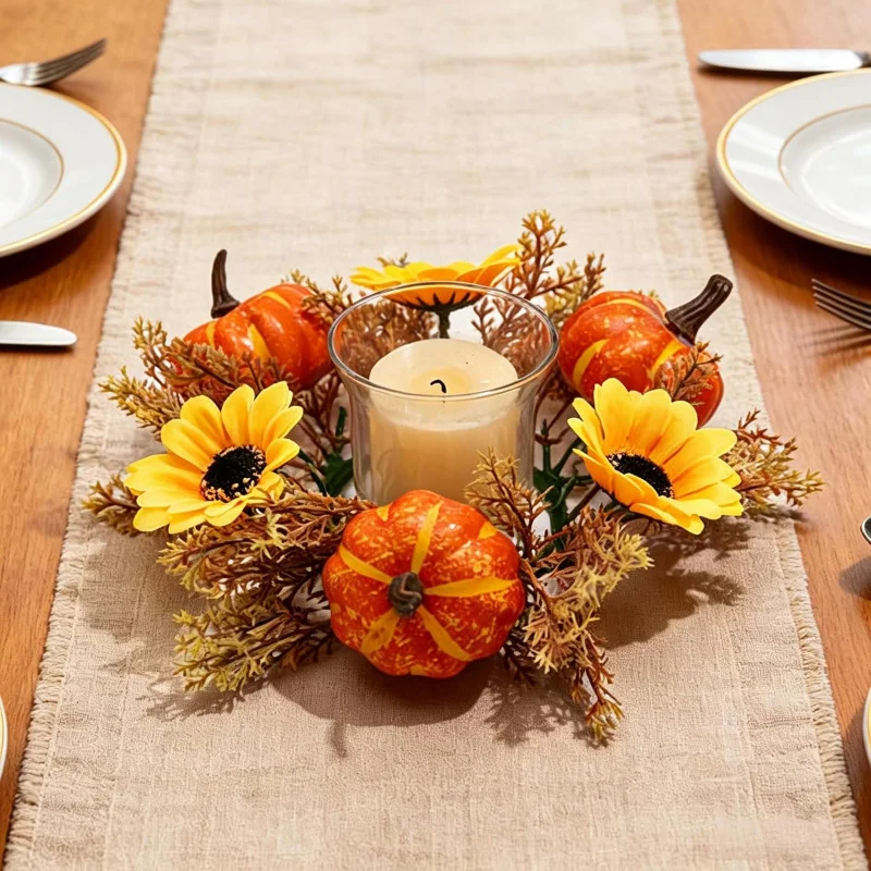 2 Pack Fall Pumpkin Candle Rings Wreaths, Thanksgiving Table Decors
