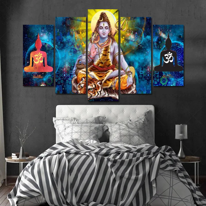 Canvas Pictures Poster Modular 5 Pieces Hindu God Lord Shiva Paintings HD Printed Art Framework Decoration Home Living Room Wall