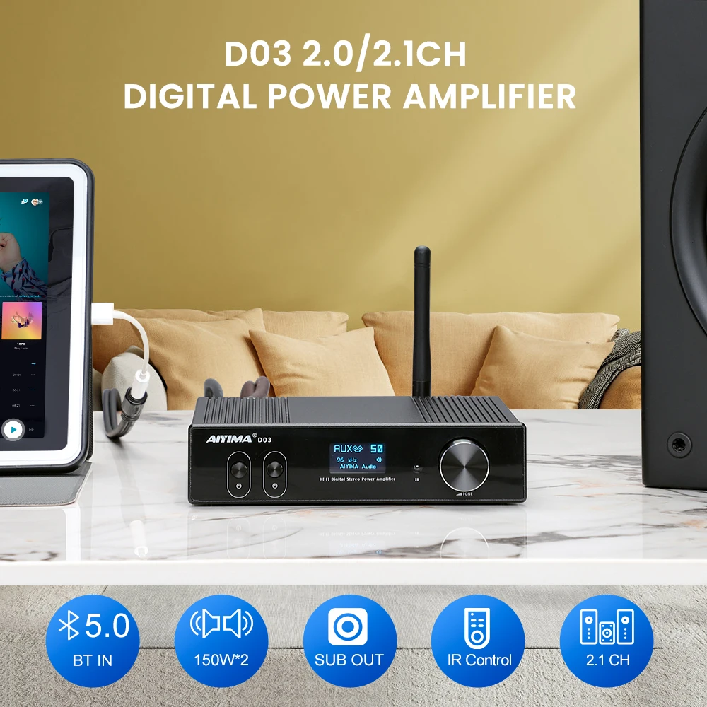 AIYIMA D03 Bluetooth Amplifier 150Wx2 Stereo HiFi Sound Amplificador Subwoofer Amplifier USB DAC OLED APTX-HD DIY 2.1 Home Audio