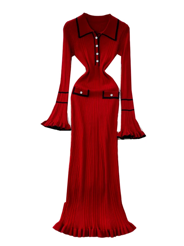 Ele Korean Sle Knitted Long Sve Striped Dr High Waist Fi Tail Design Button Detail Slimming Midi Dr for Women:Ele Korean Sle Knitted Long Sve Striped Dr High Waist Fi Tail Design Button Detail Slimming Midi Dr for Women:Koreański sweter z dzianiny, długi, w paski, z wysokim stanem, z ozdobnymi detalami, zapinany na guziki, wyszczuplający, midi, dla kobiet